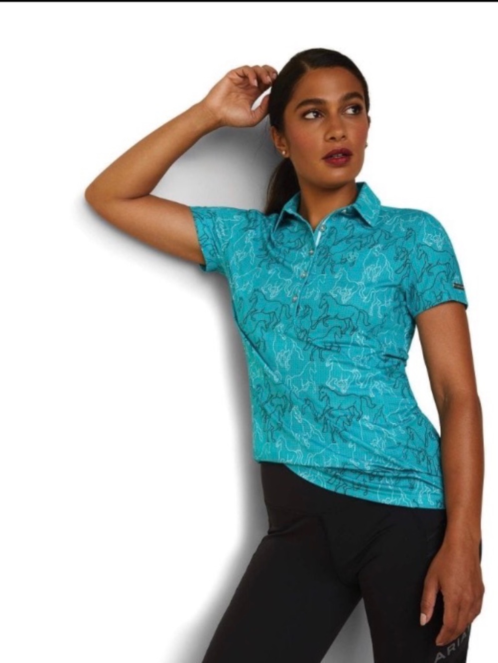 ARIAT Motif Womens Short Sleeved Polo Shirt - Viridian Green Mirror Print, SM